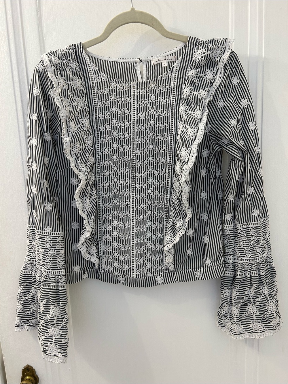 Willow & Clay Black and White Striped Lace-Trim Blouse